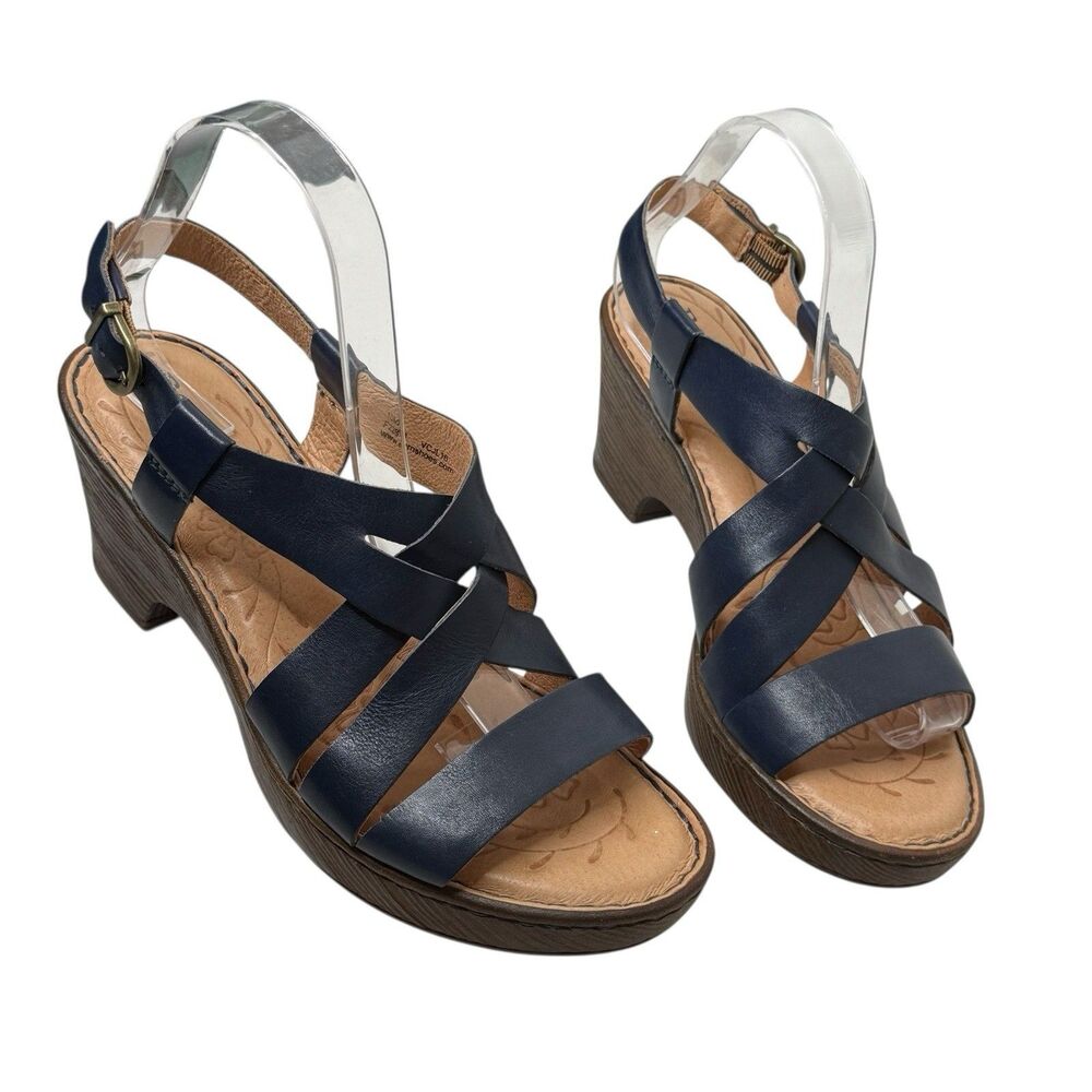 Born Carmo Women's Shoes Navy Leather 10M Slip On Heel Platform Slingback Shoes